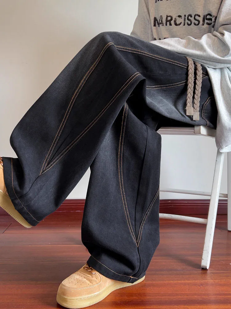 

American High Street Spliced Knife Jeans Men's Spring Autumn Loose Straight Leg Wide Leg Pants Trendy Versatile