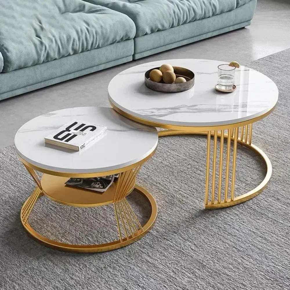 Round Slate Coffee Table Nesting Metal Frame Coffee Table Set Modern Nordic Living Room Sofa Side Table Small Apartment