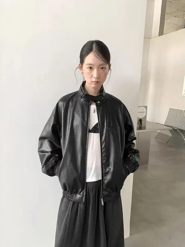 

American Retro Double Layer Stand Collar PU Leather Jaet ForloveNancy Spring 2026 Women's Faion Slim Fit Zipper Coat