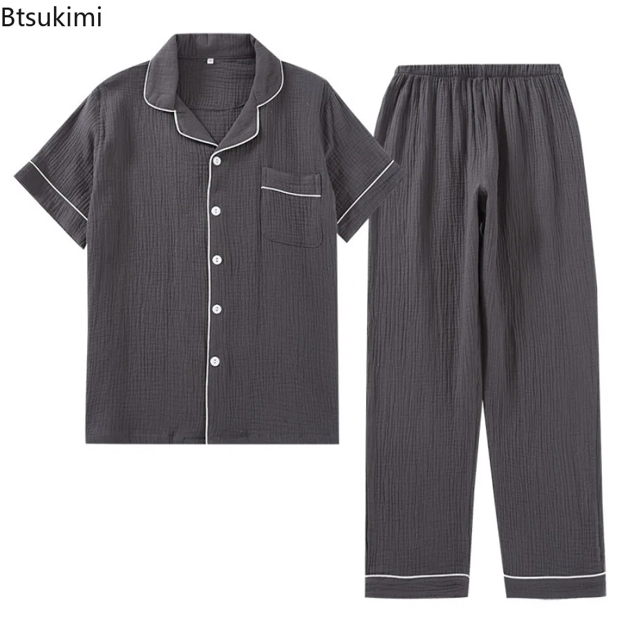 2024 Men's Pajama Sets 100% Cotton Crepe Casual Homewear Two Pieces Short Sleeve Tops and Pants Men Simple Lounge Sleepwear Suit