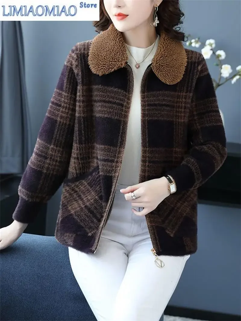 New Autumn Winter Short Thick Mother Coat Plaid Fur Collar Jacket Imitation Mink Fleece Middle Old Age Women's Flip Collar Coat