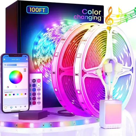 100FT LED Strip Lights for Bedroom, Desk, indoor Room Bedroom Brithday Gifts RGB Decor with Remote and 24VPower supply