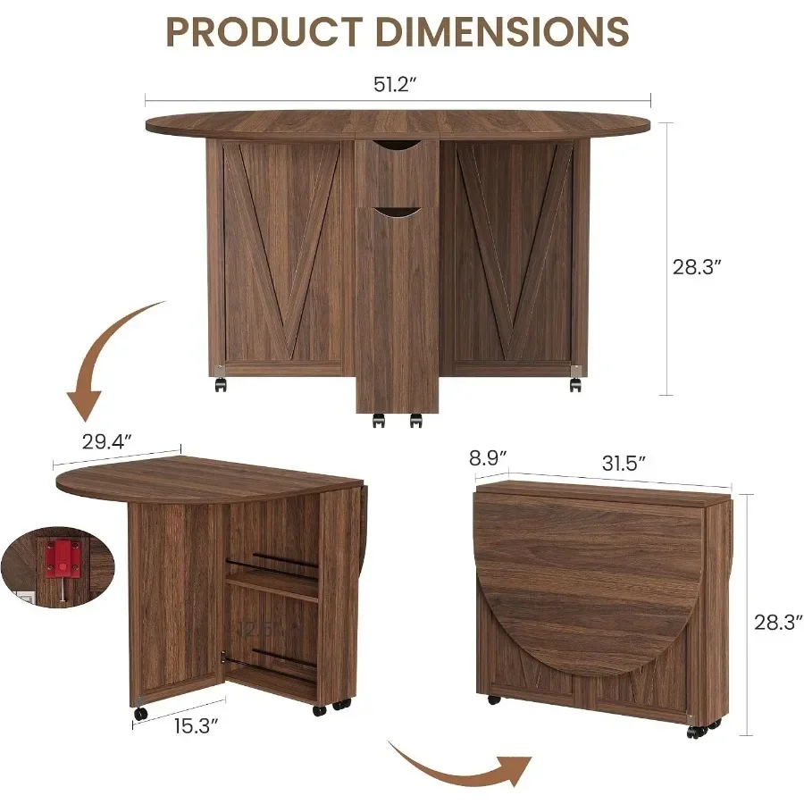 3-in-1 Folding Dining Table with Wine Rack and Cup Holder Lockable Casters, Drop Leaf Oval Folding Kitchen Table for Small Spac