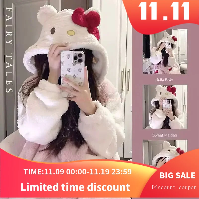 Hello Kitty Pajamas Female Long Robe Wear Thicken Coral Velvet Hooded Bathrobe Gown Autumn Winter Loose Sleepwear Home Dress