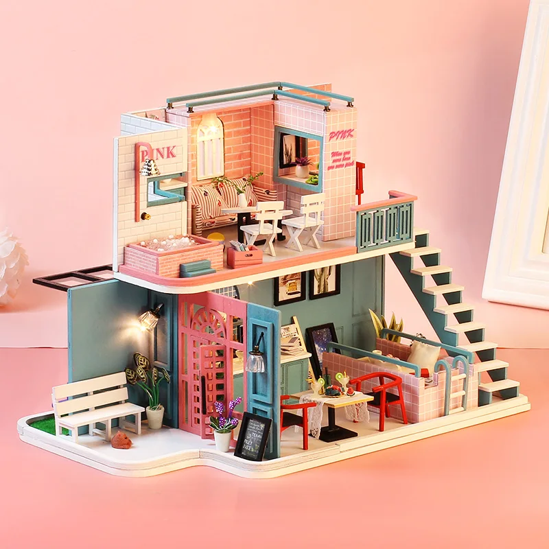 Diy Miniature Dollhouse Kit with Accessories Pink Cafe, Casa Home, Wooden Doll House, Birthday Gift for Teens Adults