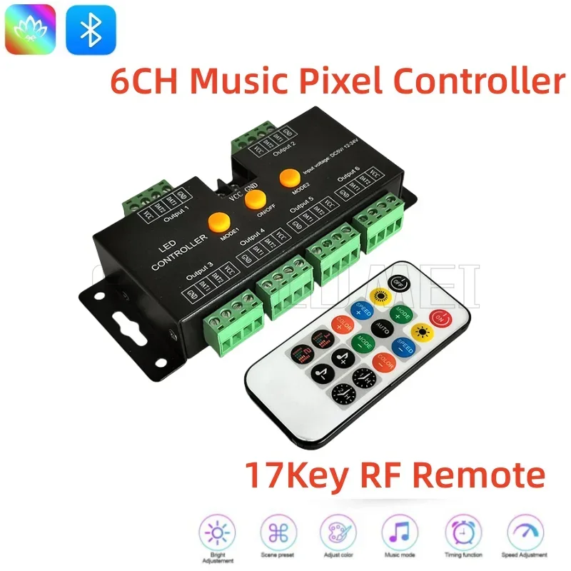 6-WAY Pixel Strip String Modules Light Music Controller DC5V/12-24V LED RGB IC Dreamcolor Touch RF Bluetooth APP RGB Controller