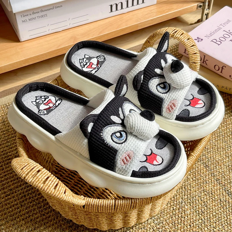 

Lovely Cartoon Linen Slippers For Women Summer Breathable Thick Bottom Indoor House Slides New Cute Dog Flats Slippers