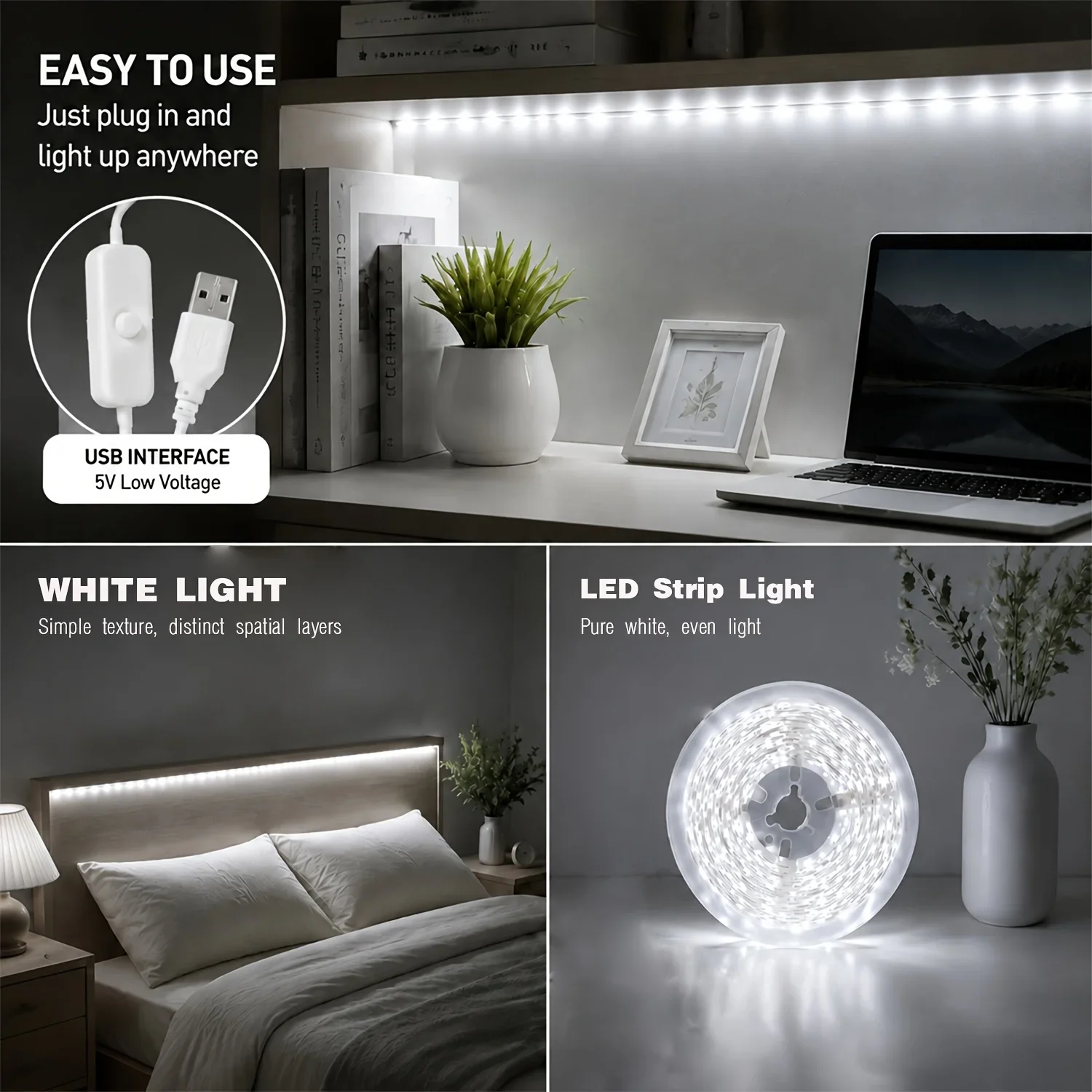 USB 2835 LED Strip Button Switch Light Self-Adhesive Cuttable Flexible LED Tape For Home Kitchen Bedroom TV Backlight Decor