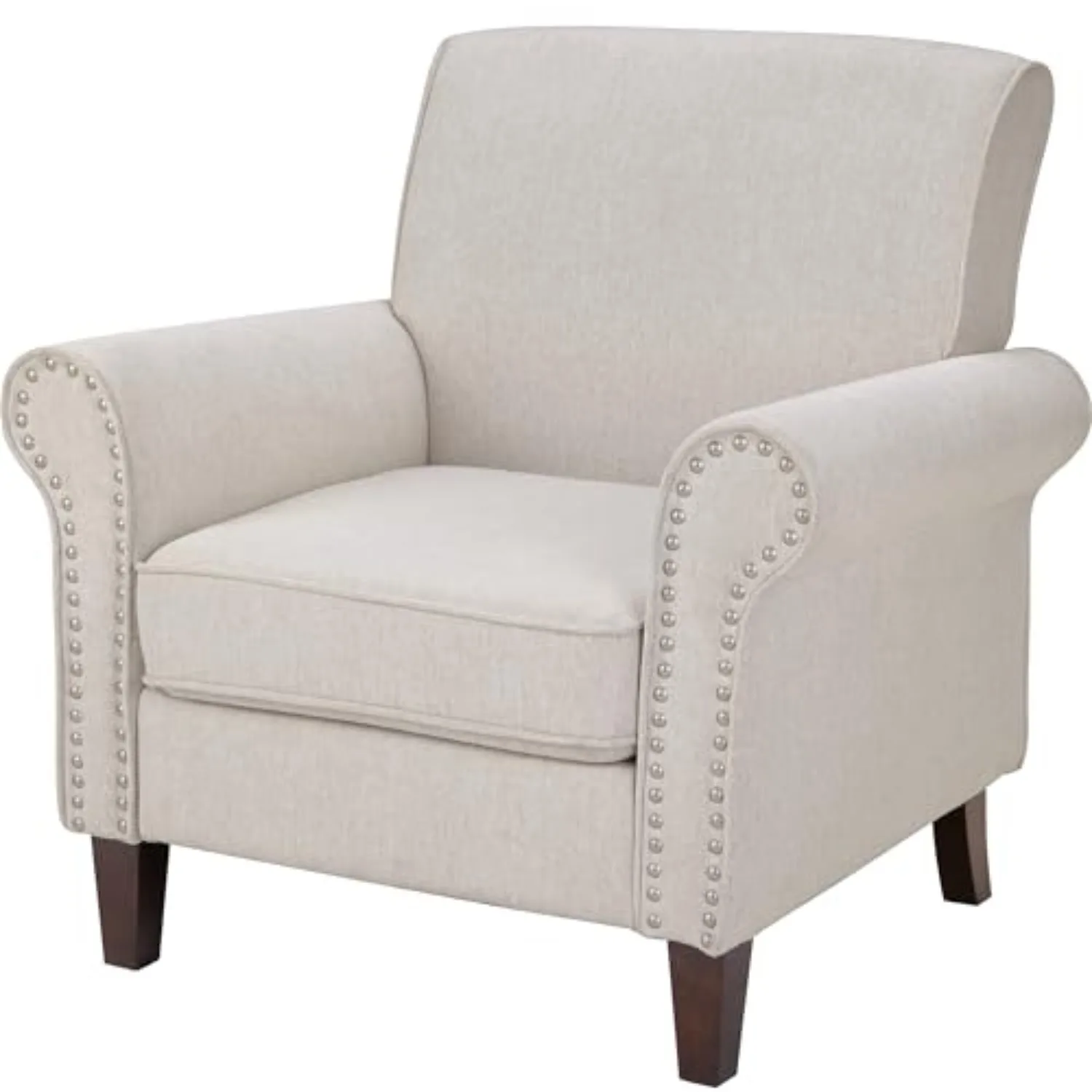 Mid-Century Modern Accent Chair, Fabric Living Room Chair, Beige | Comfy Cushion, Rolled Armrest, Elegant Nailhead