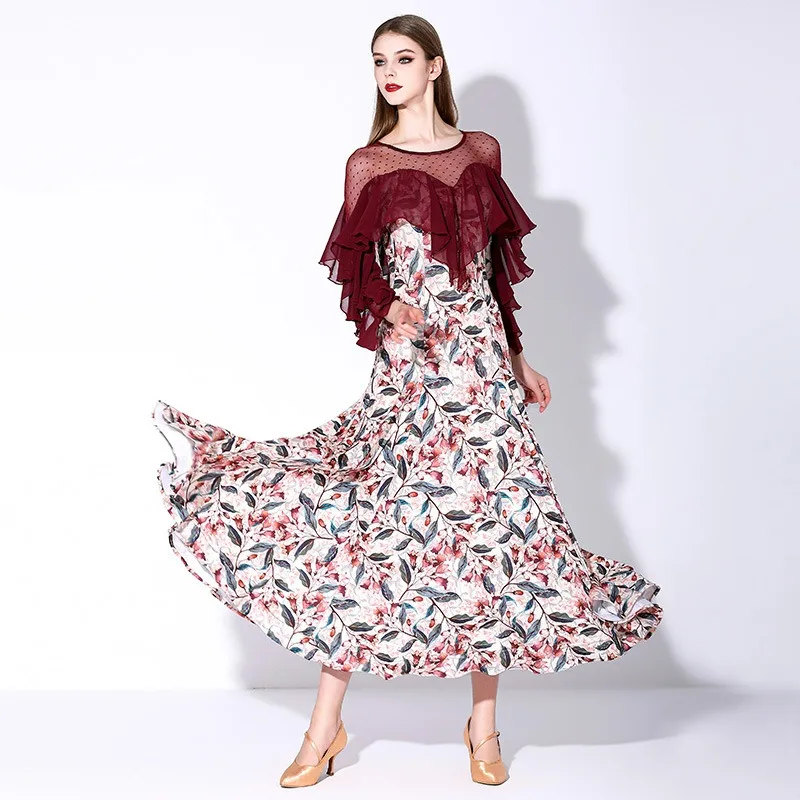 ที่กําหนดเองโมเดิร์นเต้นรําเครื่องแต่งกายมาตรฐานแห่งชาติDancerชุดพิมพ์แขนยาวและLotus Leaf Ballroom Danceเครื่องแต่งกาย