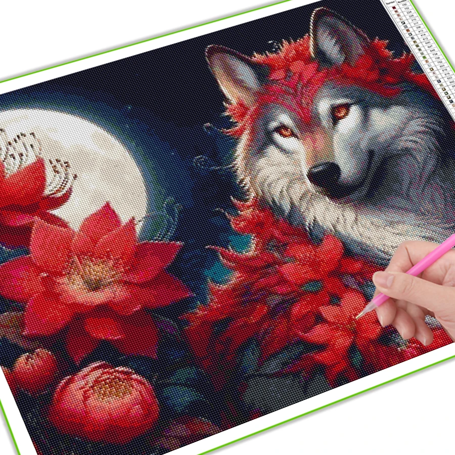 Diy Full Mosaic Art Red Wolf And Flower Diamond Painting New Collection 2024 Animals Rhinestone Embroidery Picture Wall Decor