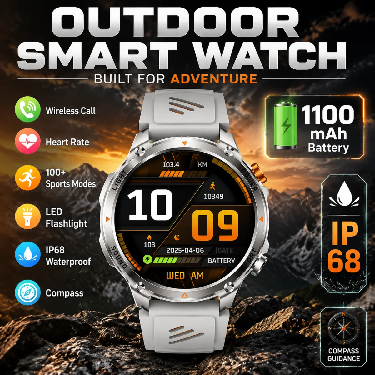 2026 Outdoor Smart Watch Men Sports Watches Compass 1100MaH Battery Flashlight IP68 Waterproof Military Women Smartwatch Men New