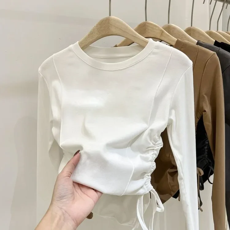 ZOETOPKID Cropped-Top mit Kordelzug für Mädchen, einfarbig, für Grundschülerinnen, Frühling/Herbst, Kinder-T-Shirts, Langarm, Kinder-T-Shirt – Detail 4