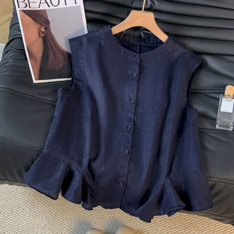O-neck Shirts 2026 Summer Vintage A-line Single-breasted Ruffle Edge Design Tops Casual Sleeveless Korean Style Women Clothing