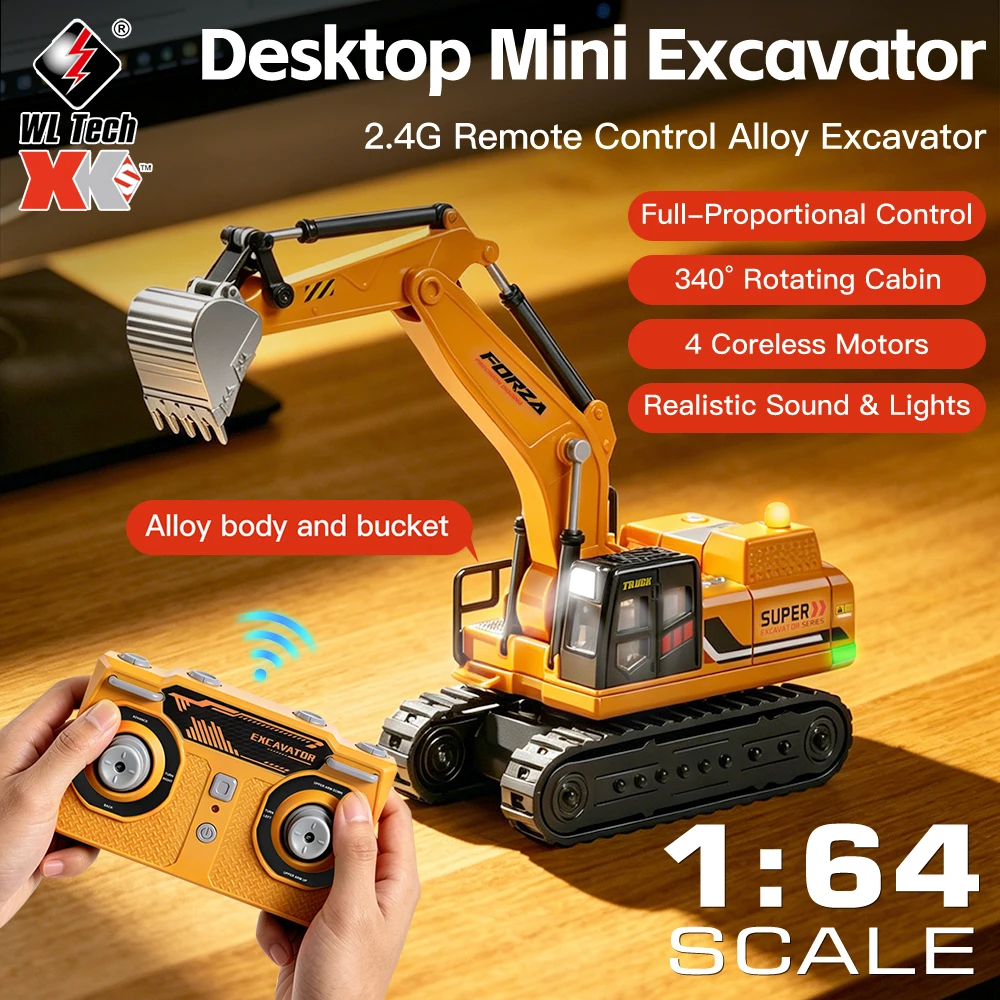 9IMOD 1/64 RC Excavator Alloy Remote Control Engineering Truck Full Proportional with Sound Light 340 Degree Rotation