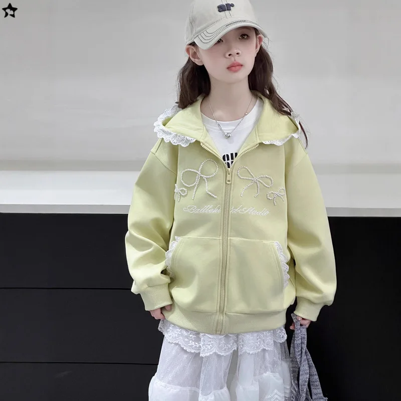 

Kids Girls Two-piece Outfit Letter Embroidery Zipper Hooded Coat+Lace Patchwork Skirt Children Girls Sets Loose 4-14Y Girls Suit