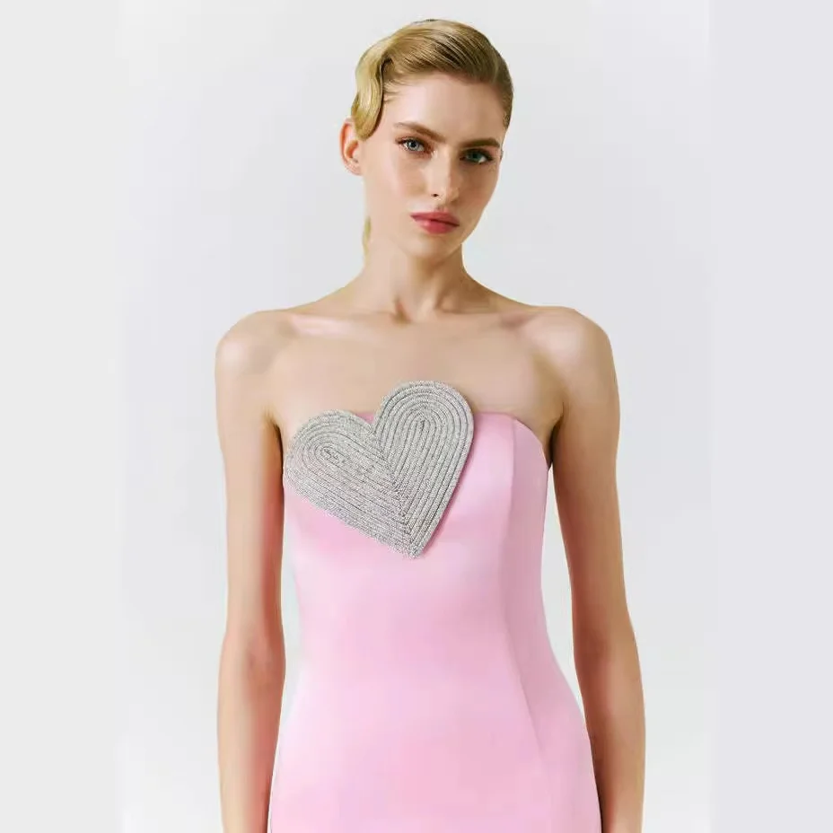 New Stock Fashion Sexy Pink Strapless Silver Diamond Heart-Shaped Straight-Leg Slimming Bandage Straight-Leg Dress