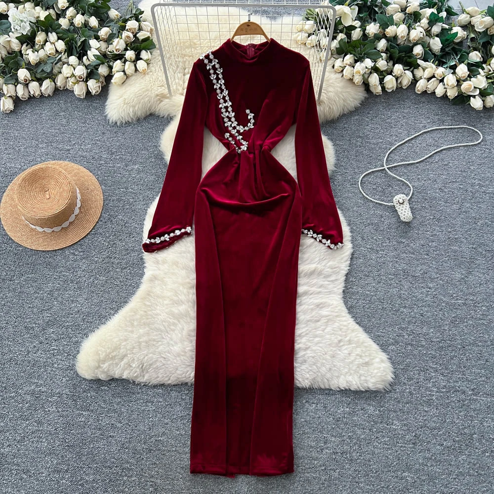 فستان أنيق أنيق بأكمام طويلة من القطيفة فساتين حفلات الموضة الكورية ملابس نسائية
