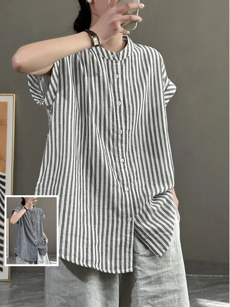 

Свободный хлопковый льняной полосатый женский модный воротник-стойка на пуговицах ort Sve Тонкий повседневный топ большого размера в японском стиле