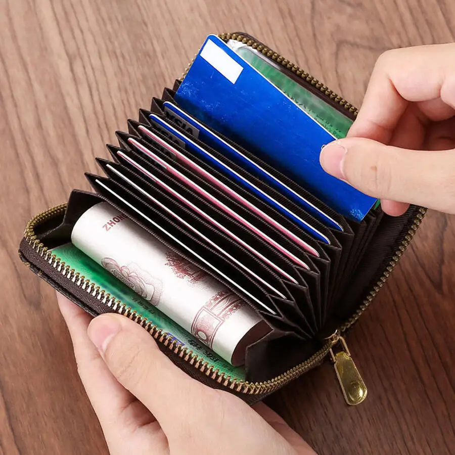 Korean Style Plaid Pattern PU Card Holder Women - Zipper Small Coin Purse Accordion Female Card Case Retro Casual Business