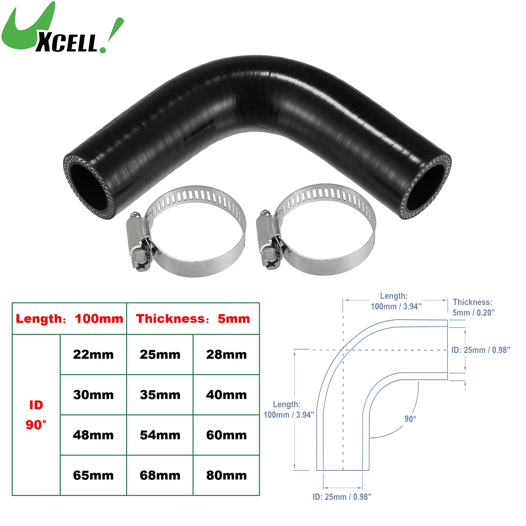 

UXCELL 1 Set 22mm 25mm 28mm 35mm 40mm 54mm-83mm ID 100mm Length 90 Degrees Car Silicone Hose Coolant Hose with Clamps Black