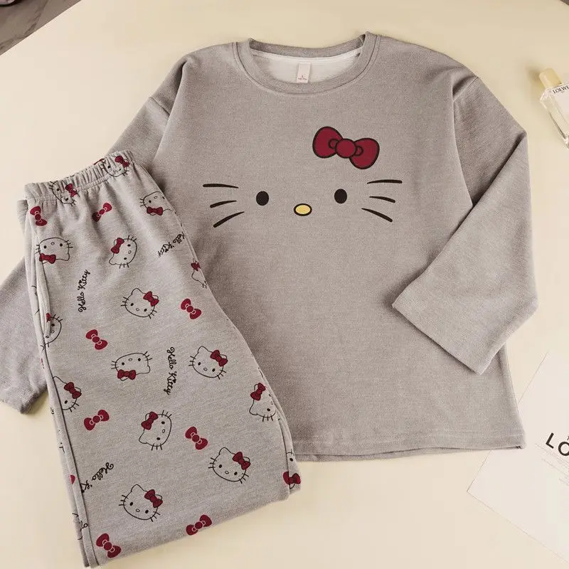 طقم بيجامة نسائي شتوي رقيق من Hello Kitty لعام 2025 بأكمام طويلة ملابس نوم حرارية خفيفة الوزن وملابس منزلية للاستلقاء #4