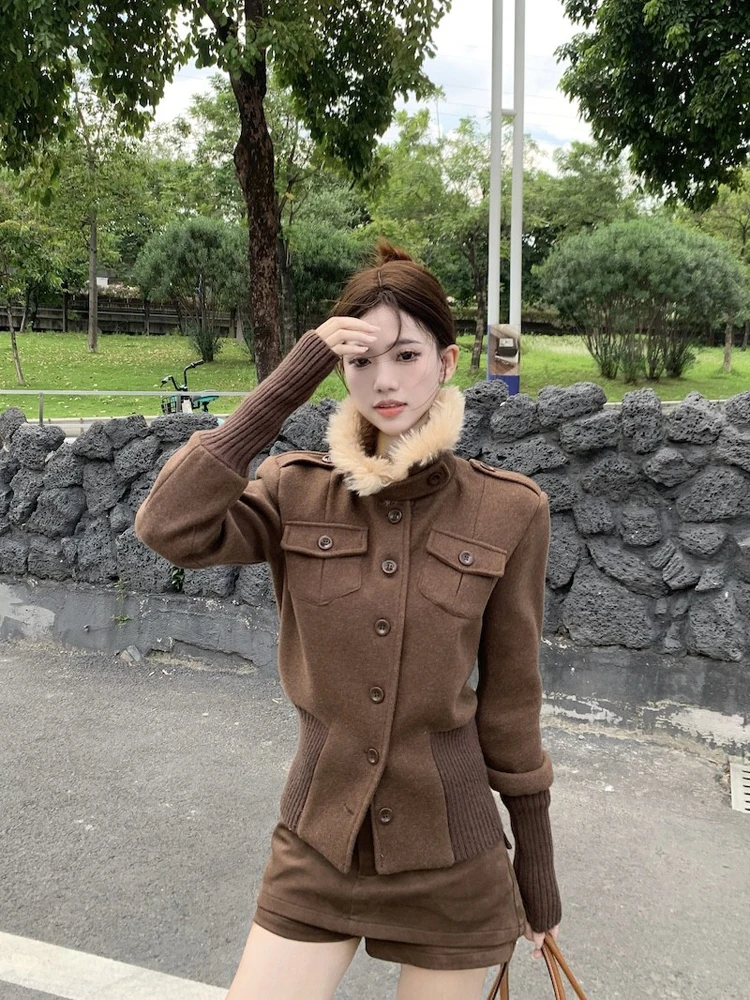 

Elegant Brown Metal Buckle Long Sleeve Jacket Women's Autumn Stylish Fur Collar Patchwork New Style Top Set Fashionable Ensemble