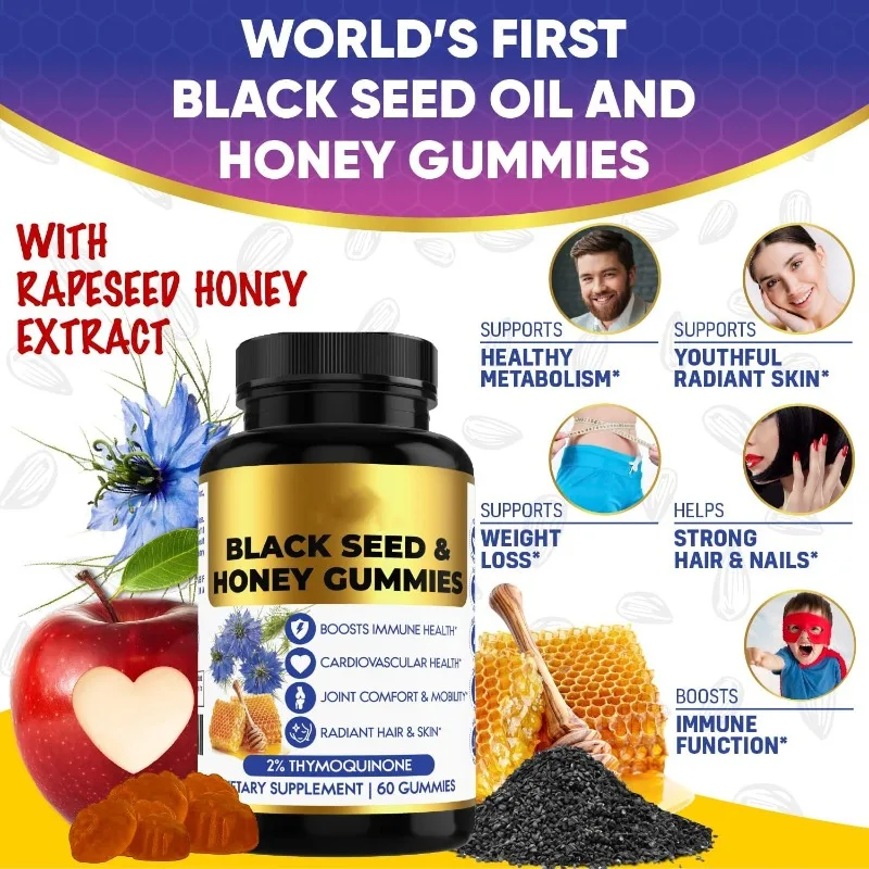 

Honey Black Seed Oil Gummies 60 Count Natural Nutritional Supplement Supports Immune Health Promotes Overall Wellness Tasty