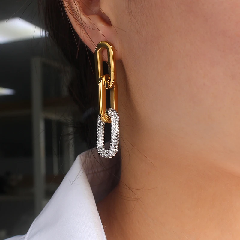 Exaggerated Stainless Steel Chain Drop Earrings for Women Crystal Link Long Dangle Earring Studs Statement Link Earrings