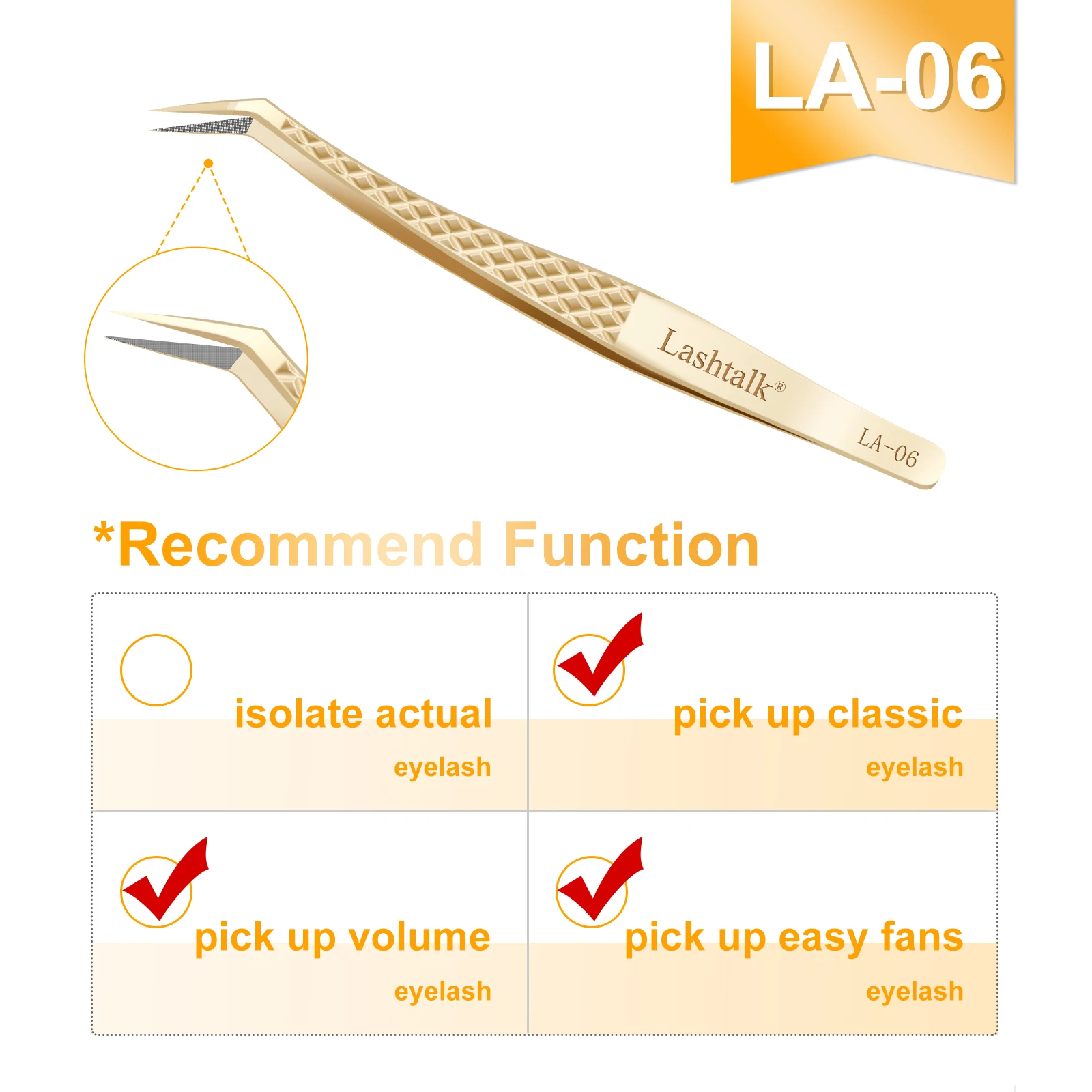 Lashtalk Precisie Fiber Tip Pincet Wimperextensies Diamond Grip Antislip Premium Goud Roestvrij Staal Make-up Met Box Pack