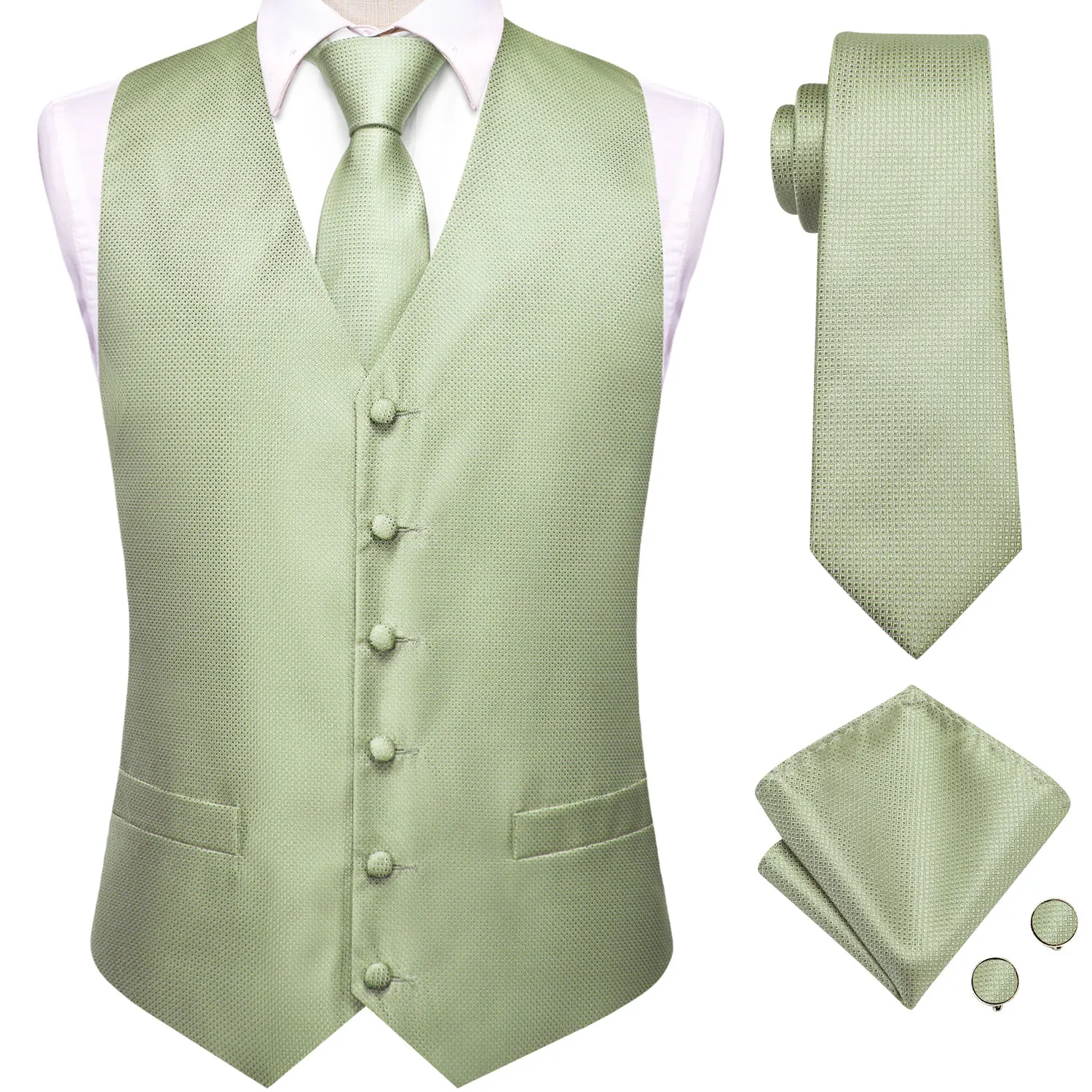 Hi-Tie Silk Mens Suit Vests 4PC Woven Sage Green Solid Waistcoat Tie Pocket Square Cufflinks Business Wedding Dress Waist Jacket