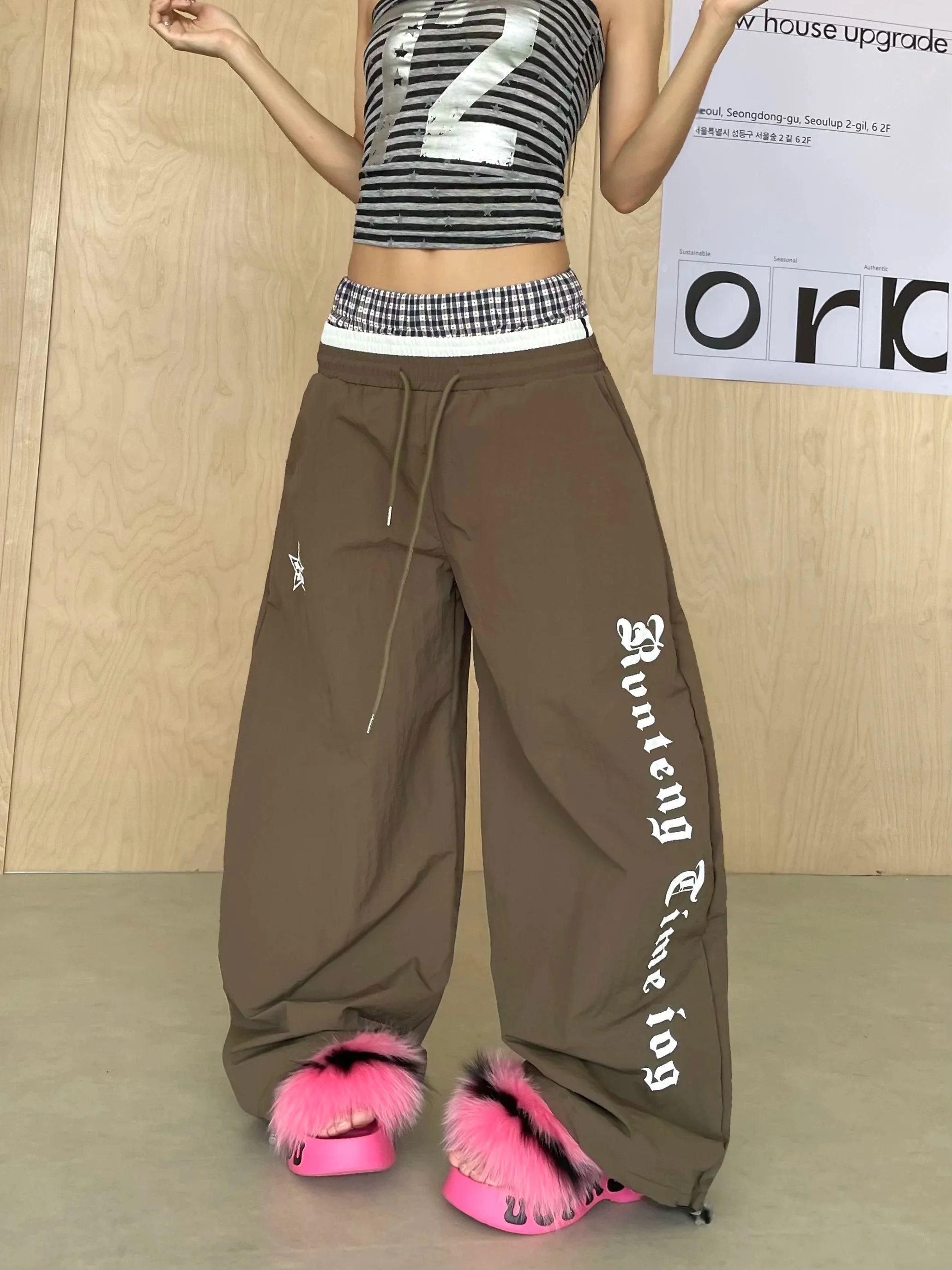American Style Casual Loose Wide Leg Pants Women's Summer New Loose Slimming Floor-Length Patchwork Print Quick Dry Cargo Pants
