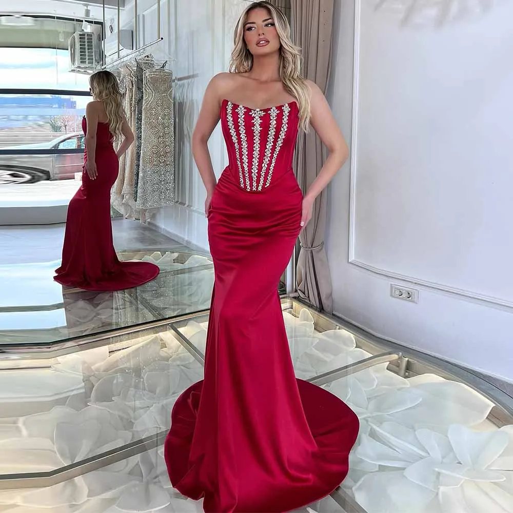 

Luxury Evening Dresses 2025 Satin Mermaid/Trumpet Valentine's Day Dress Burgundy Strapless Rhinestones/Crystals Pleat Prom Dress