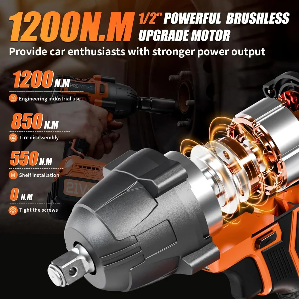 Cordless Impact Wrench, 900Ft-lbs (1200N.m) 1/2