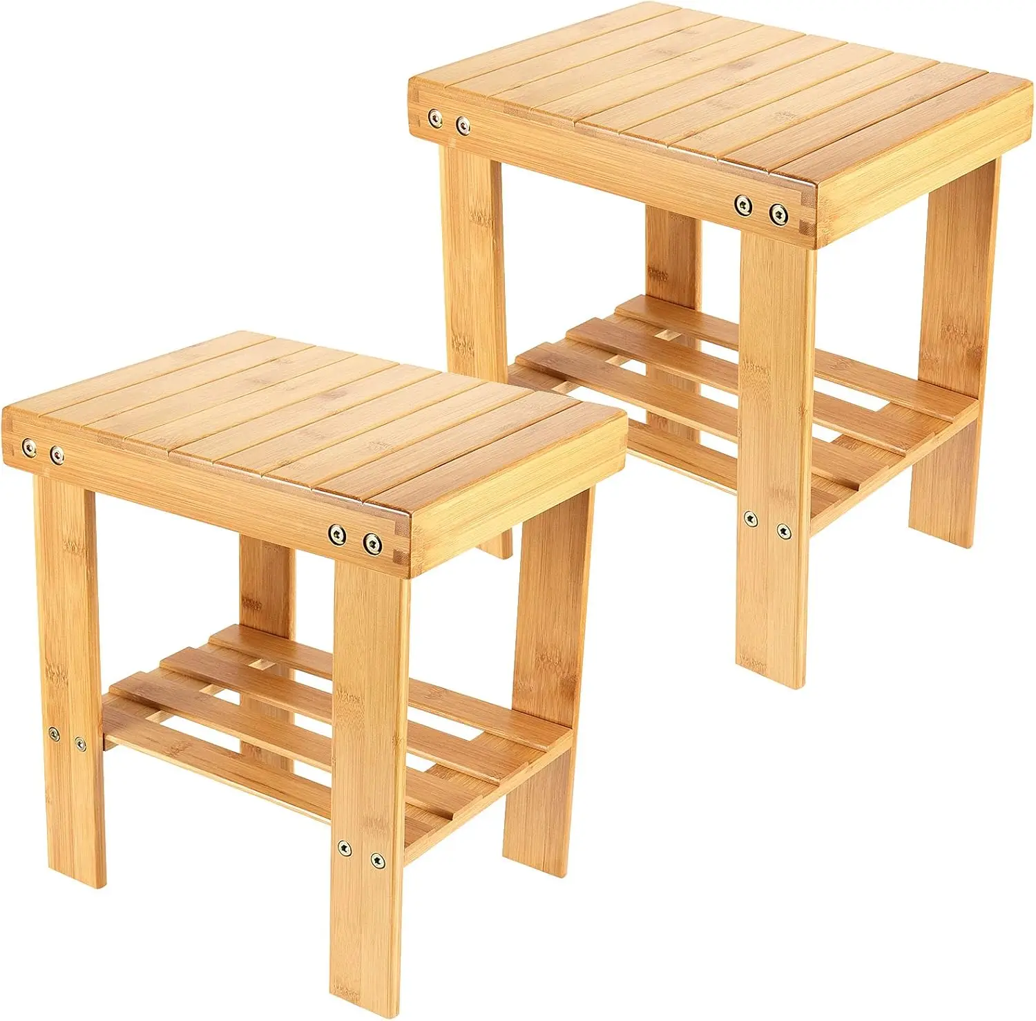 

2 Packs 13 Inches Bamboo Step Stool, Non-Slip Small Seat, Durable Footrest Bench With Storage Shelf for Bathroom, Bedroom, Ki