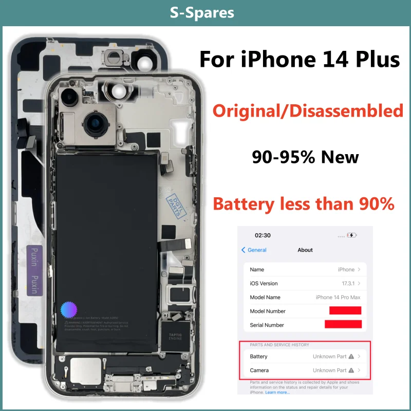 90-95% Disassembled Middle Frame Housing Back Cover For iPhone 14 Plus with Battery Rear Camera Assembly Slight Scratches