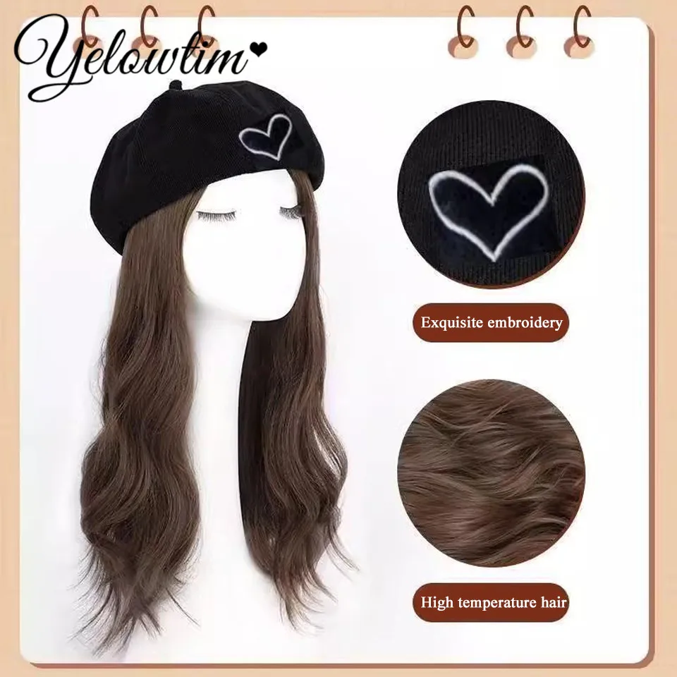 Love autumn and winter beret hat wig integrated design, warm and fashionable versatile beret full head cover