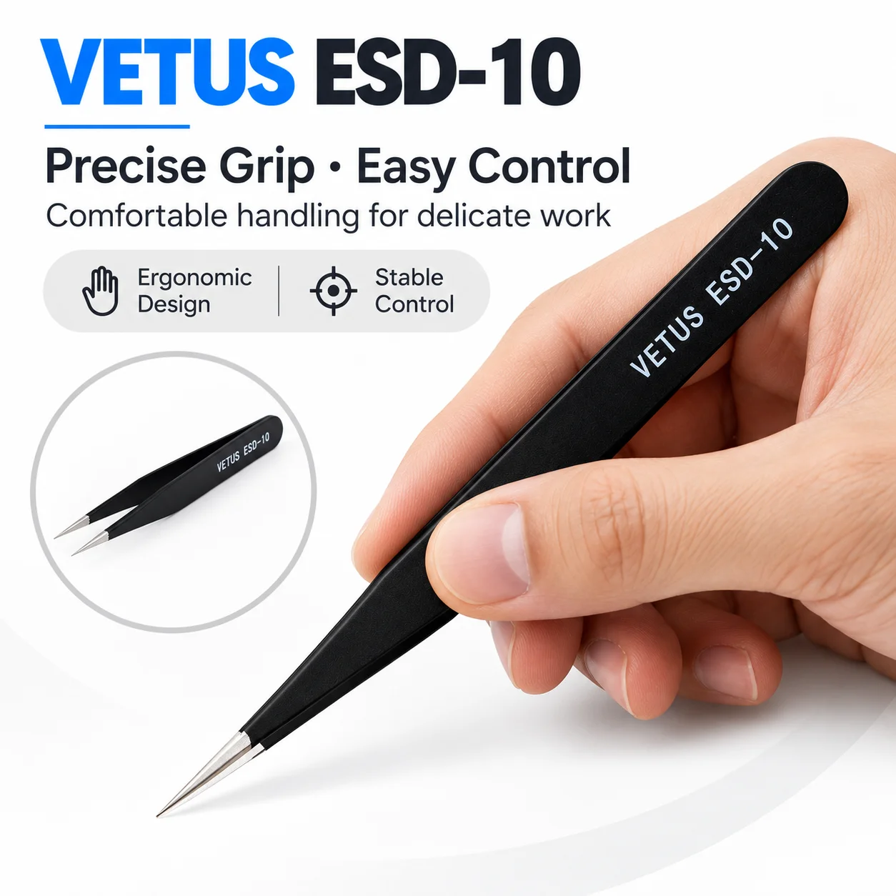 VETUS ESD-10 Präzisions-ESD-Pinzette Antistatisch Feine Spitze Edelstahl für PCB SMD Elektronik-Lötarbeiten und Reparaturen – Detail 2