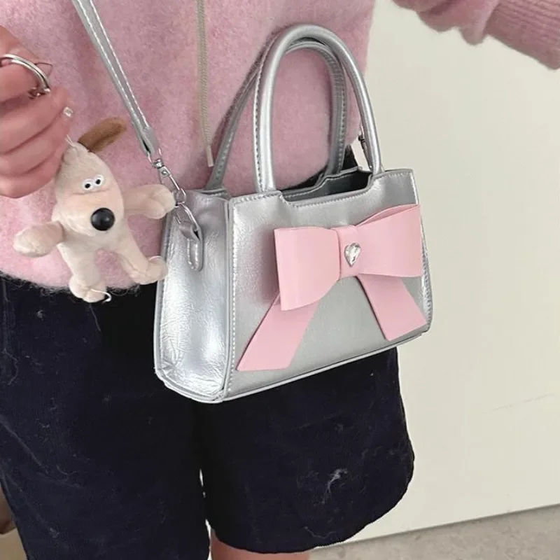 MBTI Pink Womens Handbag Cute Bow Small Pu Leather Fashion Elegant Casual Shoulder Bag Literary Advanced Female Crossbody Bag