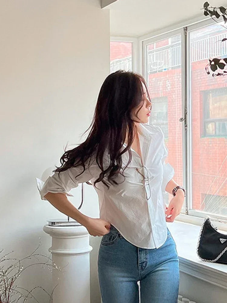 

Casual Sexy Slim Shirt Women Elegant Fashion Long Sleeve Blouse Korean Design Irregular Turn Down Collar Chic White Tops