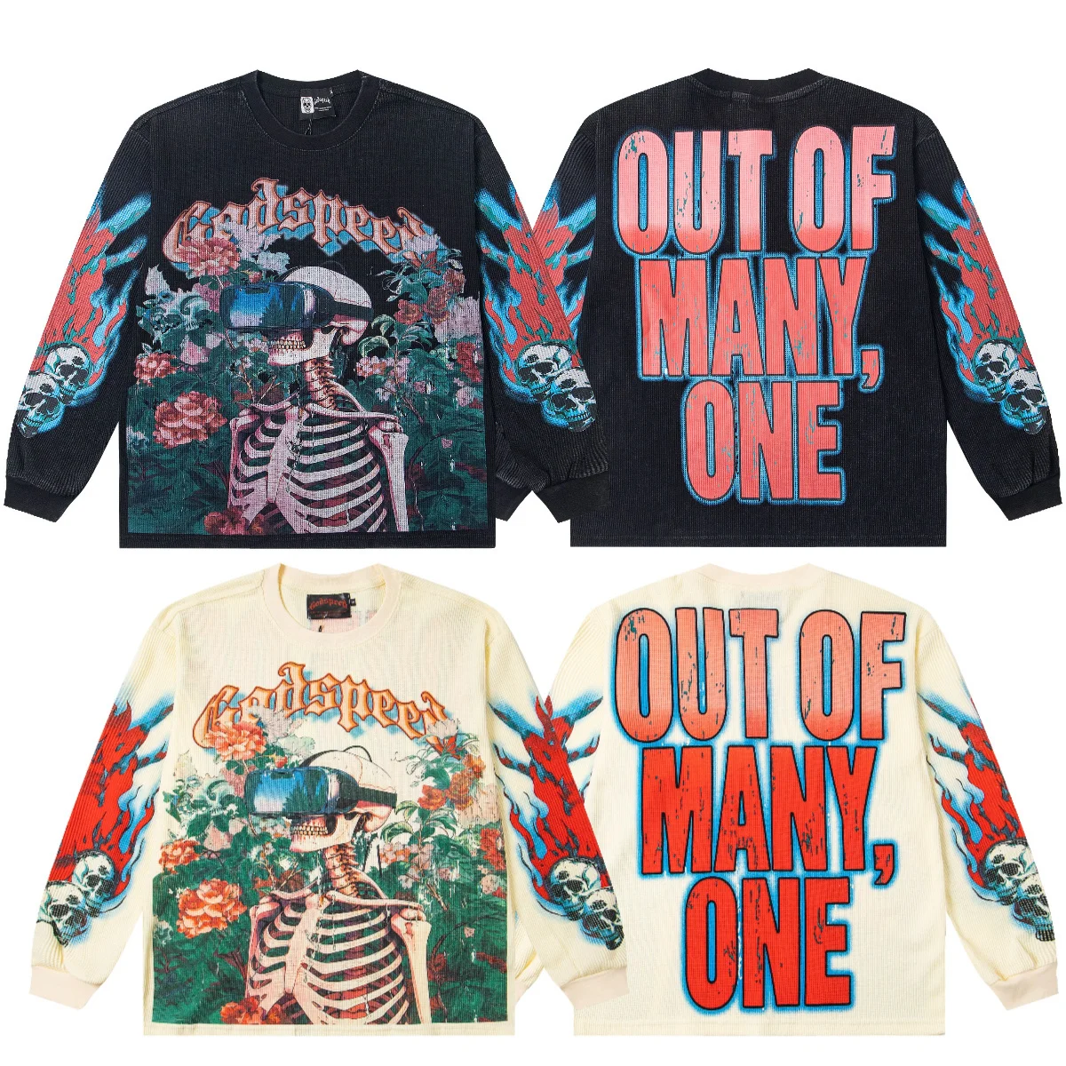 Godspeed American Style Long Sleeve T-Shirt Pure Cotton Floral Skeleton Print Loose Fit Streetwear round Neck Casual Top