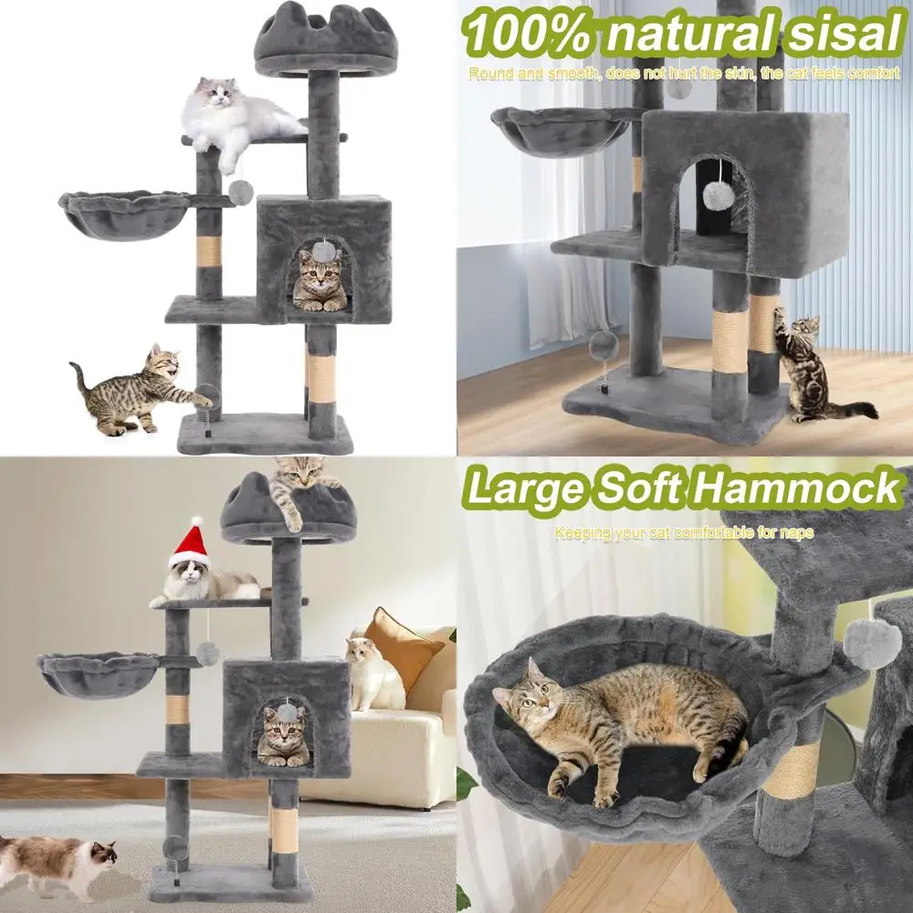 

40 Grey Metal Hammock Cat Tree Tower for Large Indoor Cats with Scratching Post and Cloud Top Perch