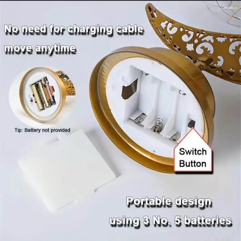 Bonita lámpara de mesa LED dorada de hierro, estrella, Luna/bola redonda, luz nocturna de Ramadán para decoración de ambiente de dormitorio, alimentada por 3AA Ba, 1 ud.