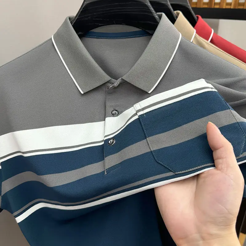 Summer Men's Short Sleeve Striped Casual Real Pocket Loose Polo Shirt