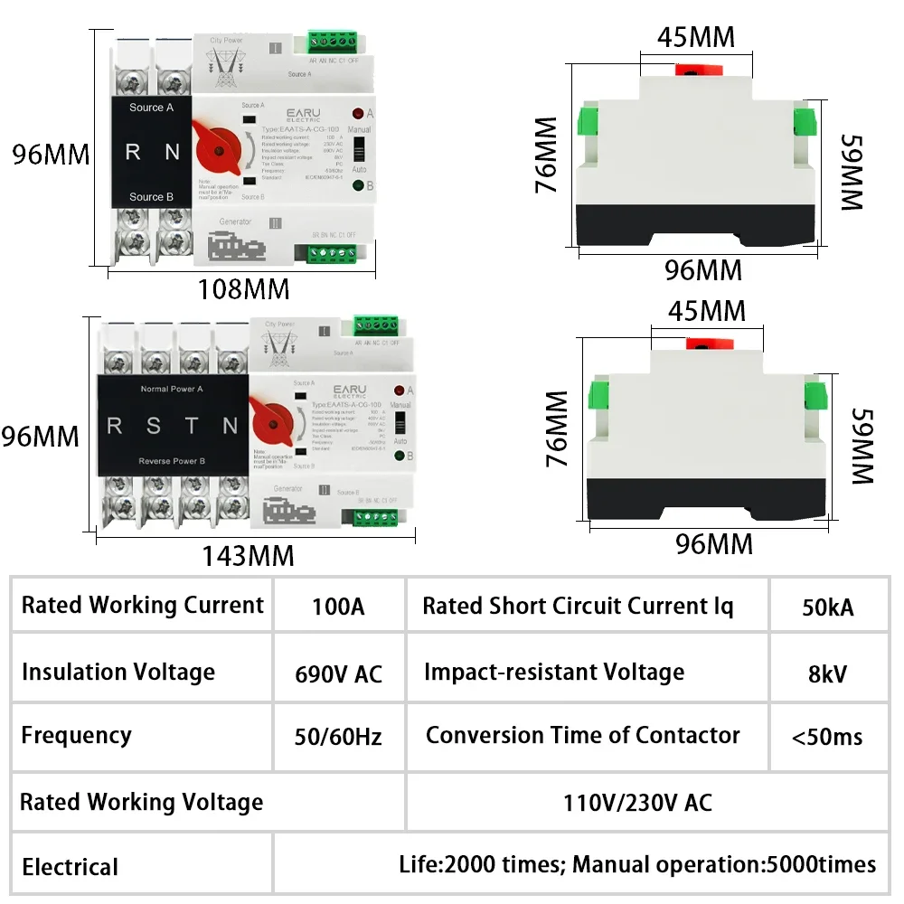 Interruptores selectores eléctricos de transferencia automática, dispositivo monofásico Din Rail ATS PV 2P 4P 100A AC 110V 220V, doble potencia,