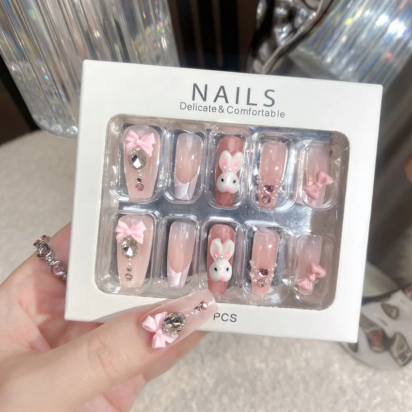 24pcs Kawaii Cartoon Rabbit Press On Nails Bowknots Diamond Decor Mid-length Coffin False Nail White French Blush Pink Fake Nail view 4