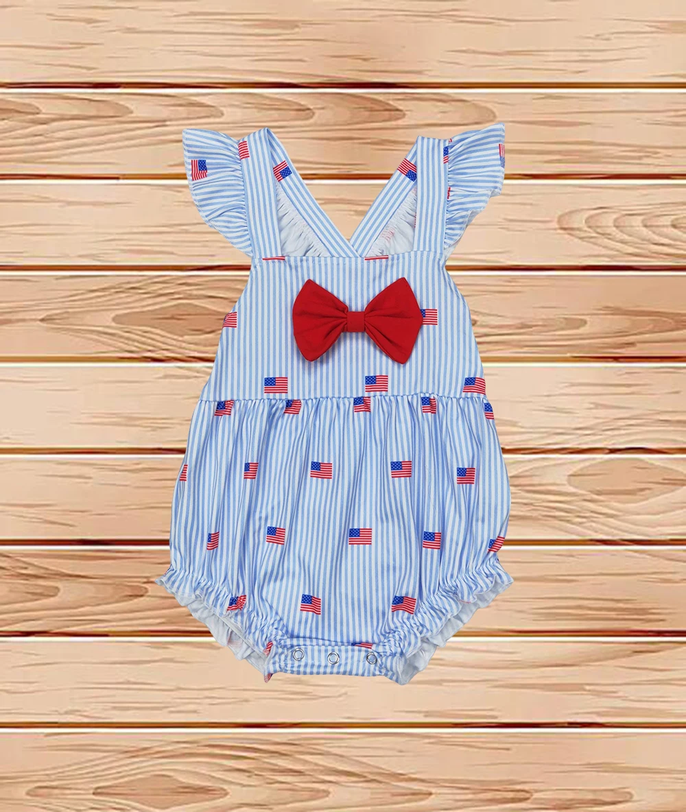 

3.26 Wholesale western boutique Newborn toddler Baby Infant Girls Blue Stripe Flutter Sleeves Flags Bow Top 4th Of July Romper