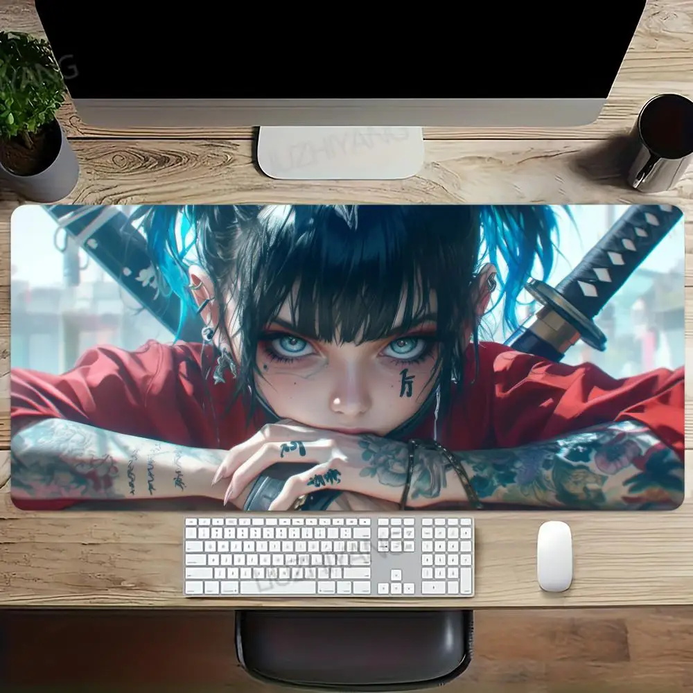 

Samurai Anime Girl Mouse Pad Large Computer Office Game Table Mats XL Accessories Gaming Keyboard Mousepads Long Desk Pads 40X90