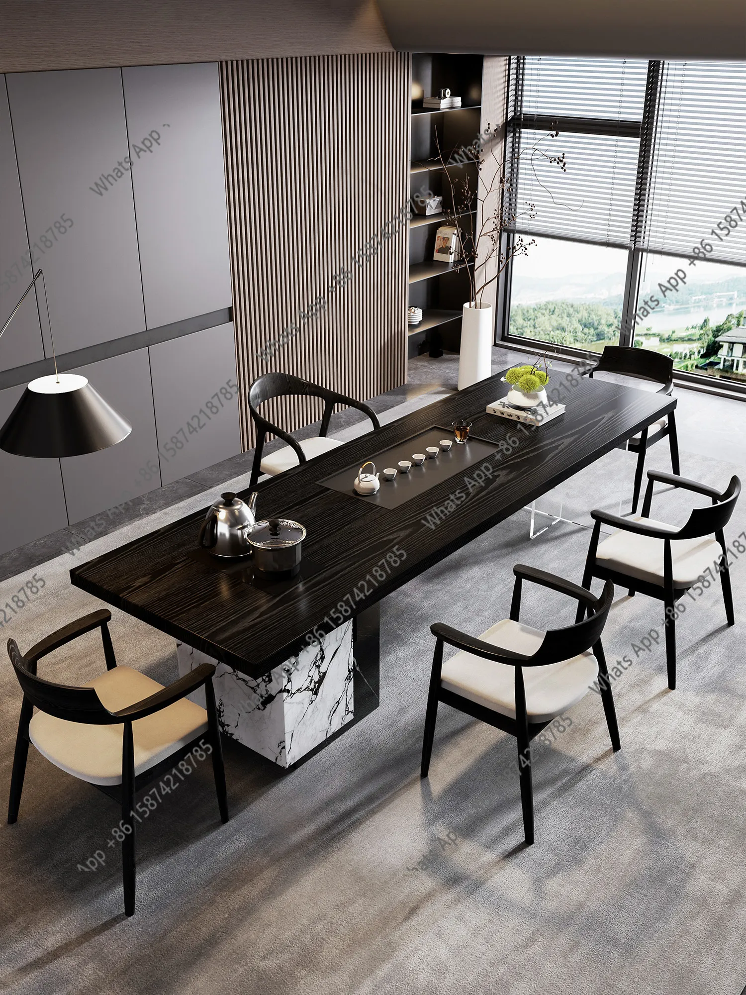 

Итальянский минималистичный журнальный столик из массива дерева с комплектом стульев, в стиле лёгкой роскоши, для современной гостиной, офиса или зоны ресепшн.