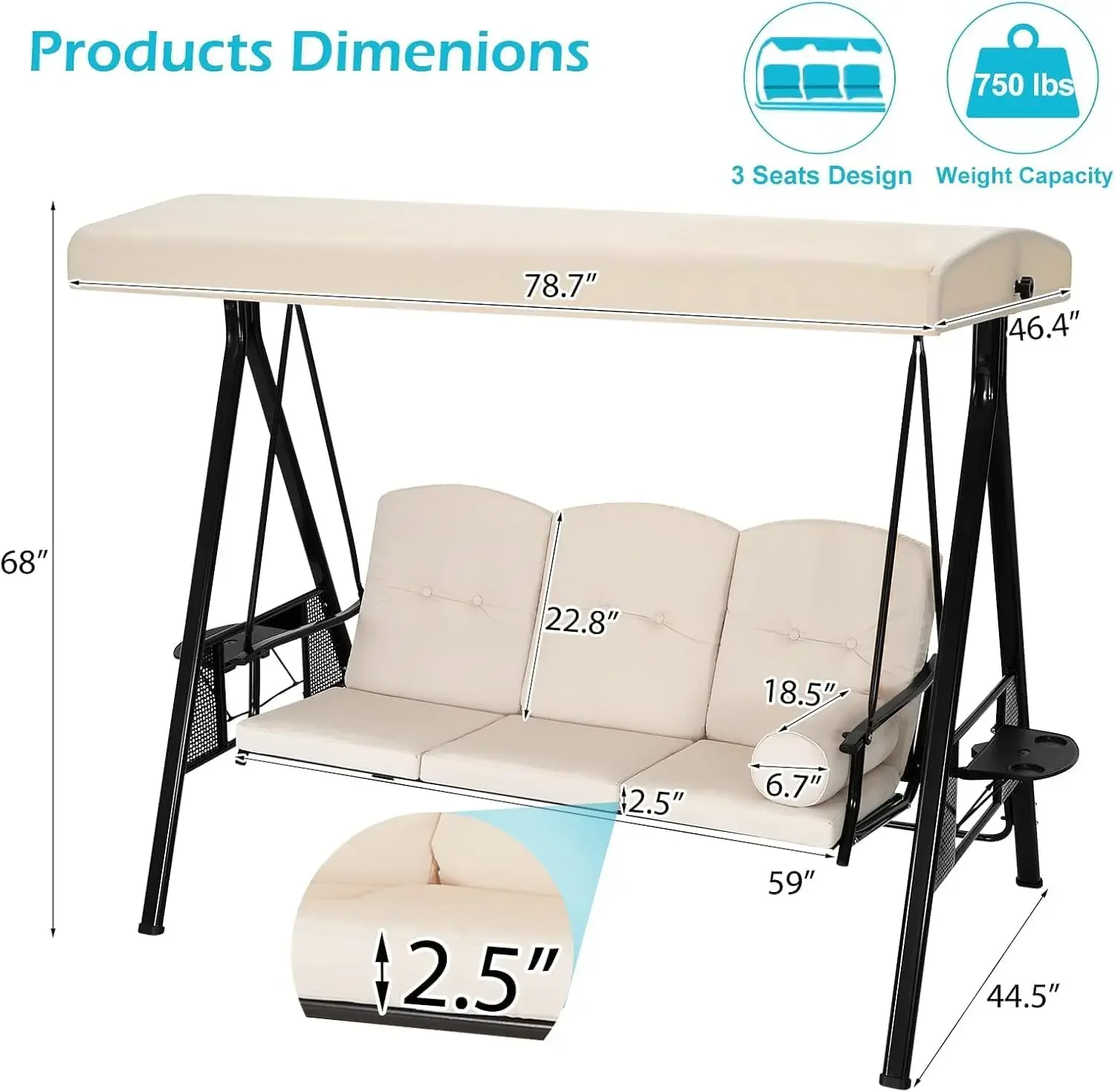 Outdoor Porch Swing, 3-Seat Porch Swing with Adjustable Canopy, Outdoor Swings for Adult with Beige Removable Cushions for Backy